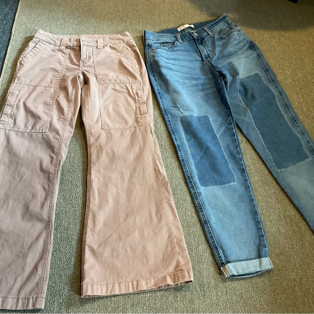 AE tan/blush Cargo pants & Signature Levi Strauss Heritage boyfriend jeans